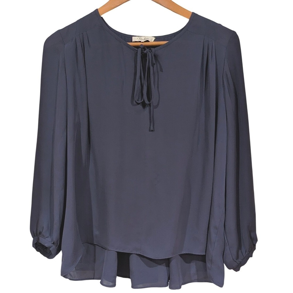 Parker Silk Blouse S Navy Blue Tie Neck Pleated Back Long Sleeve Boho Chic Top